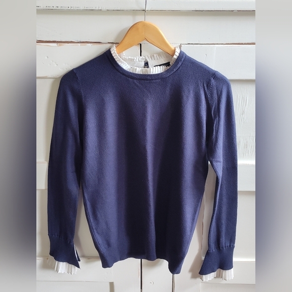 Vila Milano Sweaters - Vila Milano Navy Sweater | White Ruffle Trim Collar And Cuffs | Wool Blend | Sm